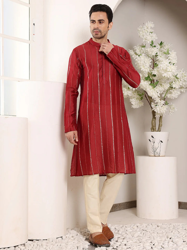 Men's Red Straight Viscose Silk Kurta with Embroidered Neckline and Motifs,Cream solid trouser style churidar