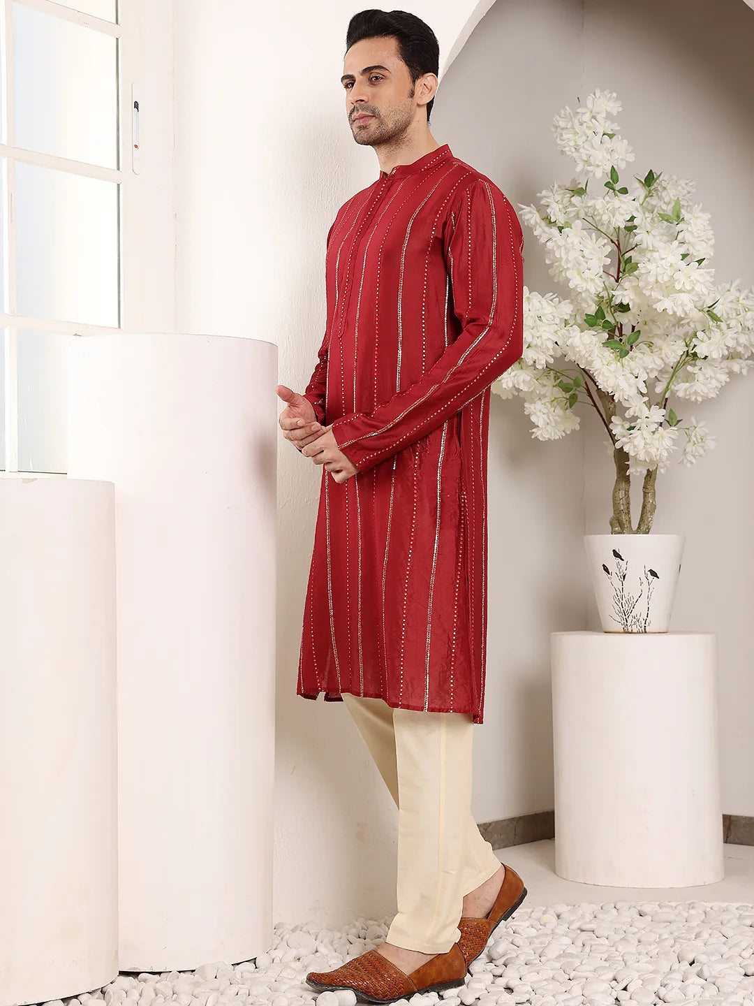 Men's Red Straight Viscose Silk Kurta with Embroidered Neckline and Motifs,Cream solid trouser style churidar