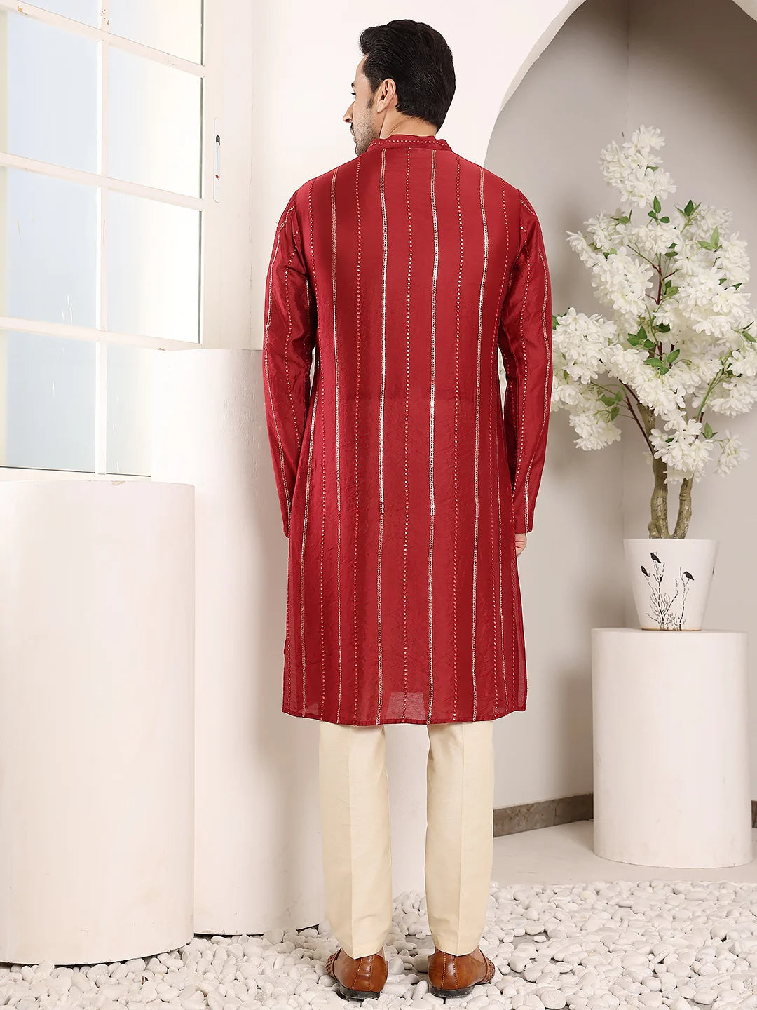 Men's Red Straight Viscose Silk Kurta with Embroidered Neckline and Motifs,Cream solid trouser style churidar