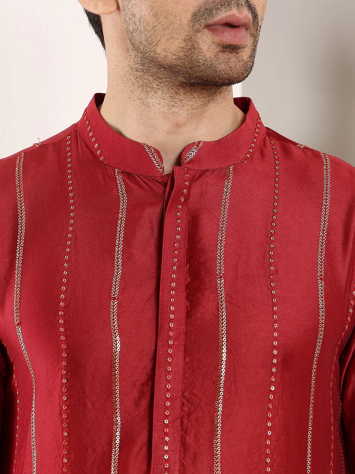 Men's Red Straight Viscose Silk Kurta with Embroidered Neckline and Motifs,Cream solid trouser style churidar