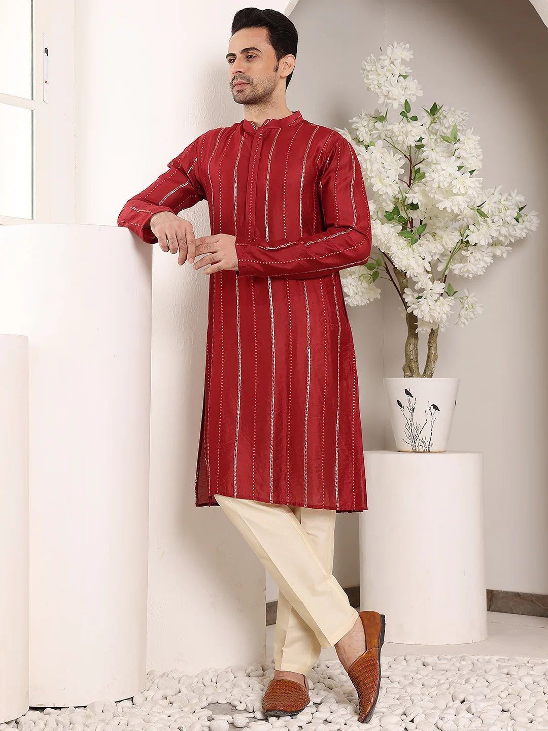 Men's Red Straight Viscose Silk Kurta with Embroidered Neckline and Motifs,Cream solid trouser style churidar