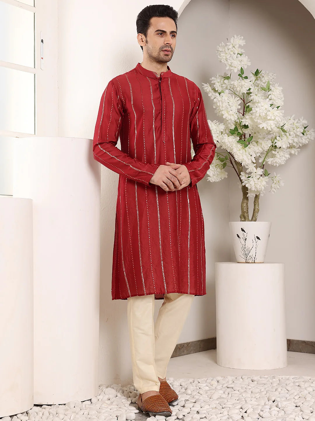 Men's Red Straight Viscose Silk Kurta with Embroidered Neckline and Motifs,Cream solid trouser style churidar