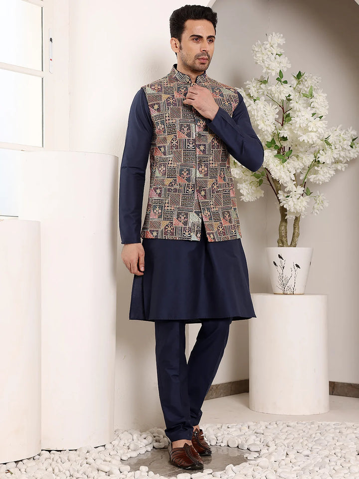 Men's Full Sleeve Blue Kurta Pyjama & Multi – Multicolour