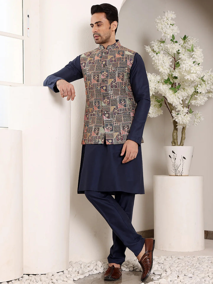 Men's Full Sleeve Blue Kurta Pyjama & Multi – Multicolour