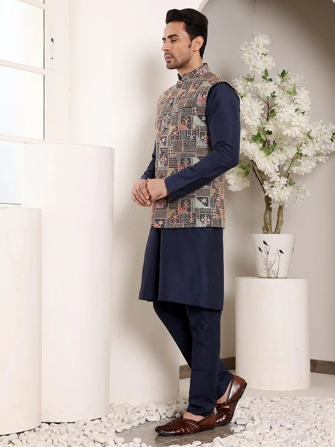 Men's Full Sleeve Blue Kurta Pyjama & Multi – Multicolour