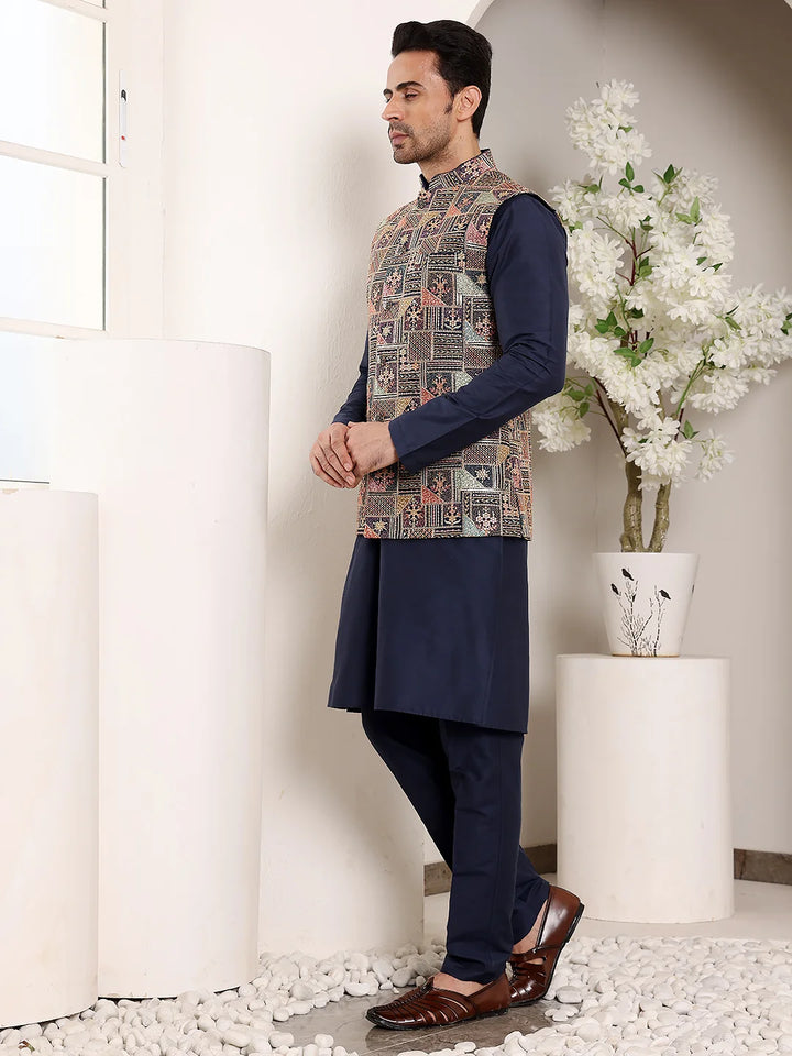 Men's Full Sleeve Blue Kurta Pyjama & Multi – Multicolour