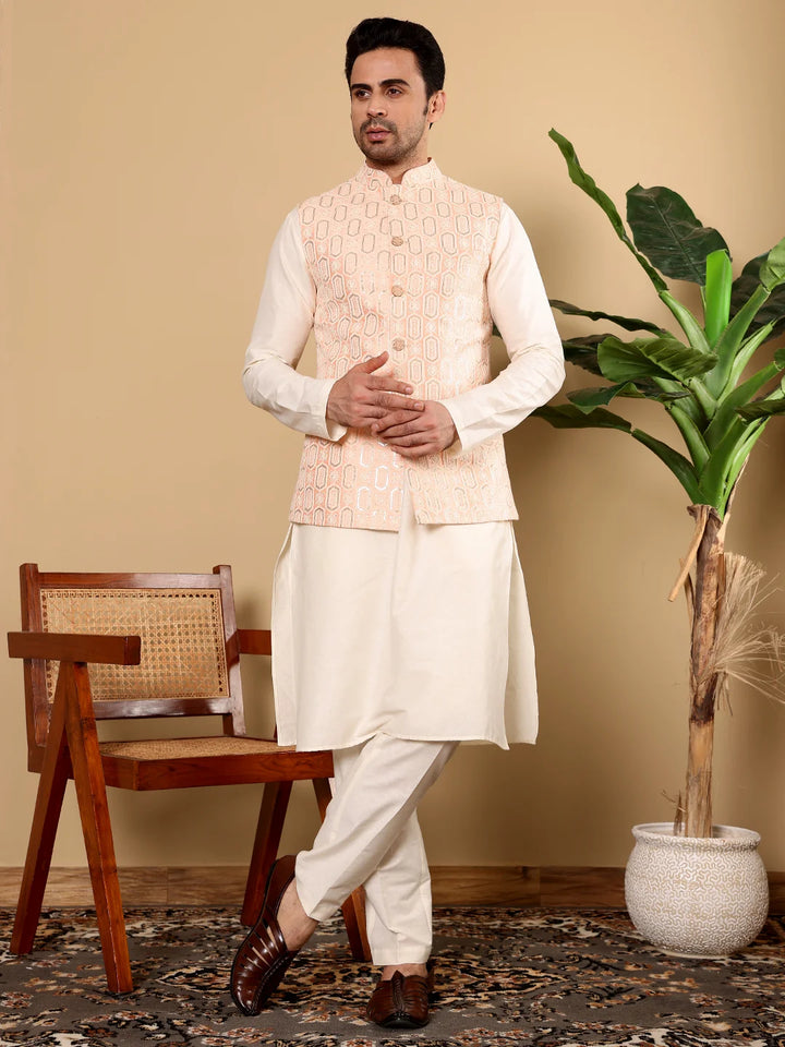 Men's Full Sleeve Ivory Kurta Pyjama & Peach Embroidered Nehru Jacket – Peach