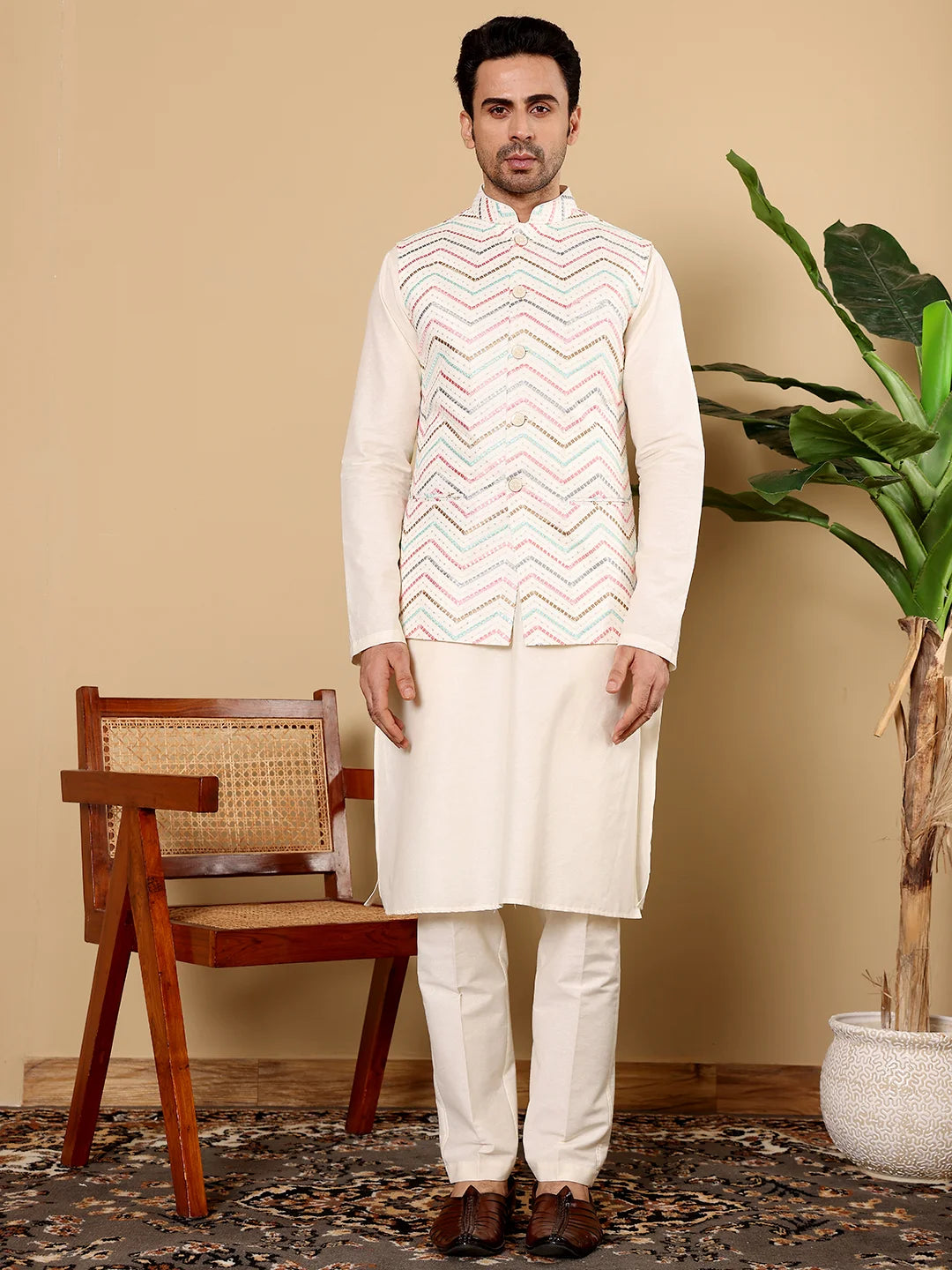 Men's Full Sleeve Ivory Kurta Pyjama & White Embroidered Nehru Jacket – White