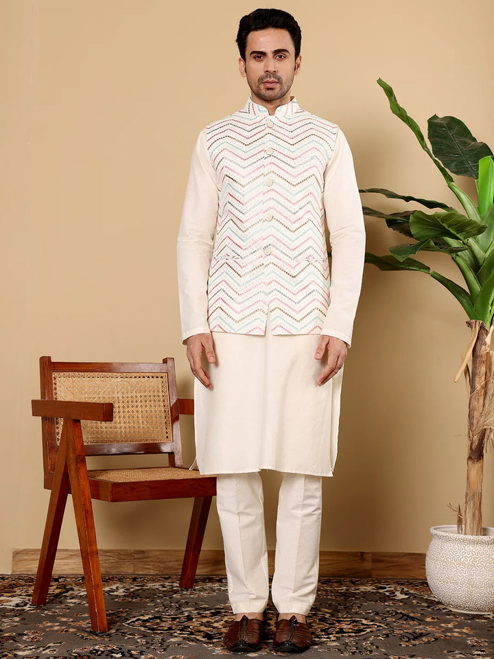 Men's Full Sleeve Ivory Kurta Pyjama & White Embroidered Nehru Jacket – White