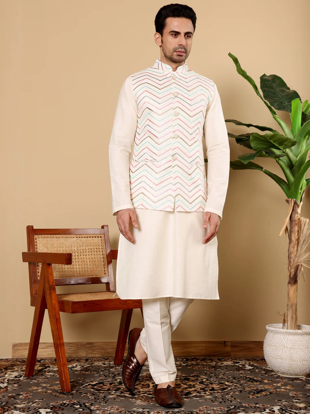 Men's Full Sleeve Ivory Kurta Pyjama & White Embroidered Nehru Jacket – White