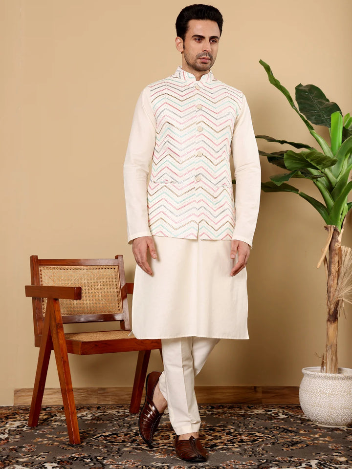 Men's Full Sleeve Ivory Kurta Pyjama & White Embroidered Nehru Jacket – White