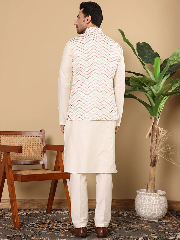 Men's Full Sleeve Ivory Kurta Pyjama & White Embroidered Nehru Jacket – White