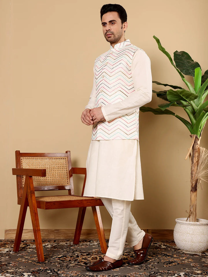 Men's Full Sleeve Ivory Kurta Pyjama & White Embroidered Nehru Jacket – White