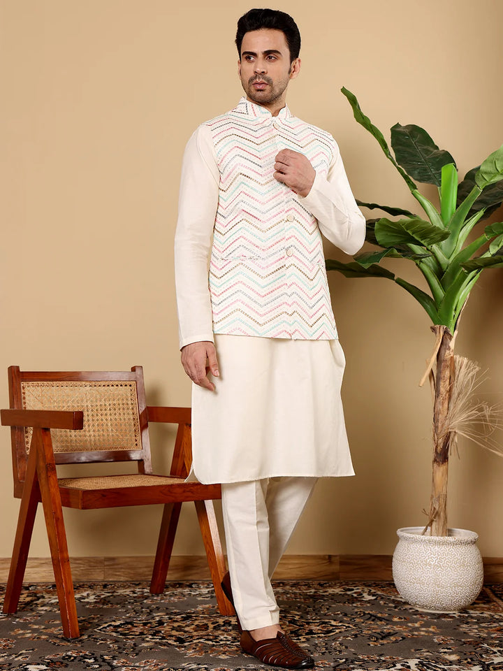 Men's Full Sleeve Ivory Kurta Pyjama & White Embroidered Nehru Jacket – White