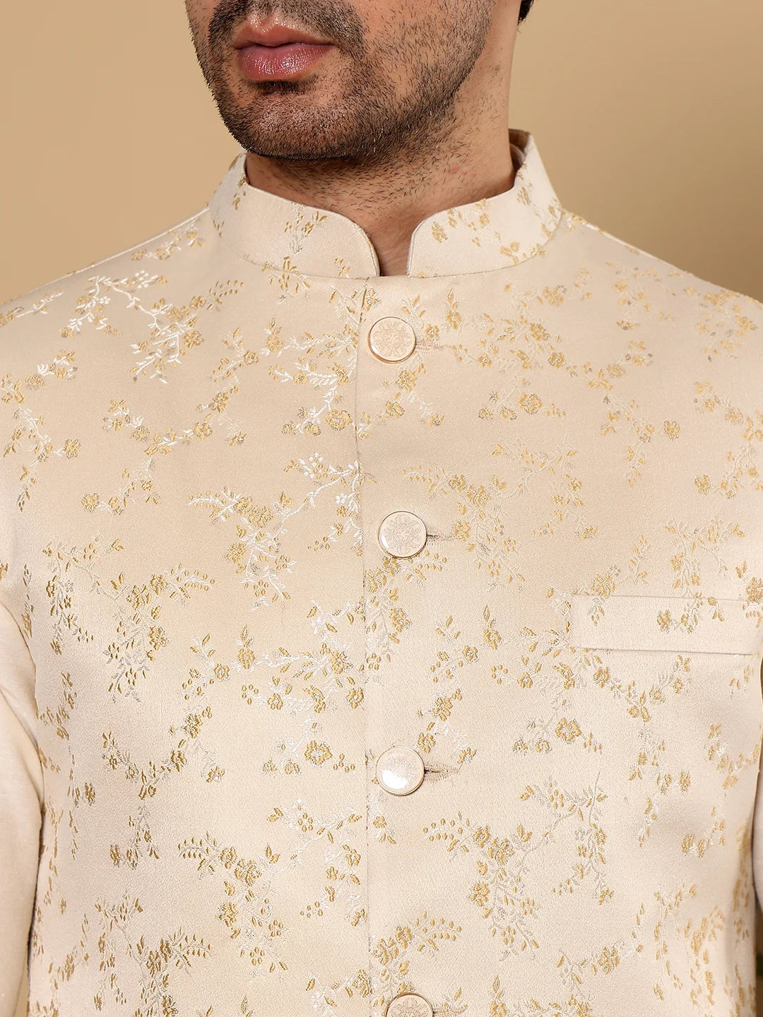 Men's Full Sleeve Ivory Kurta Pyjama & Cream Embroidered Nehru Jacket – Cream