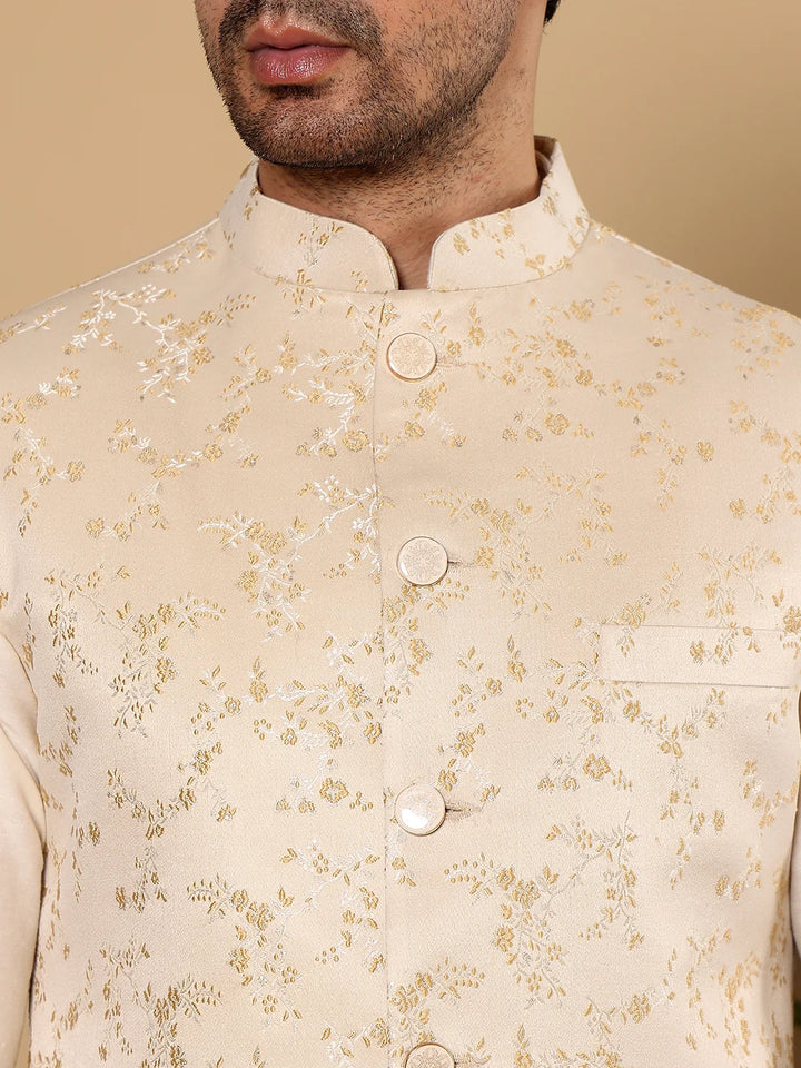 Men's Full Sleeve Ivory Kurta Pyjama & Cream Embroidered Nehru Jacket – Cream