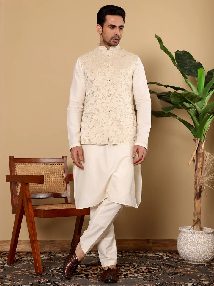Men's Full Sleeve Ivory Kurta Pyjama & Cream Embroidered Nehru Jacket – Cream