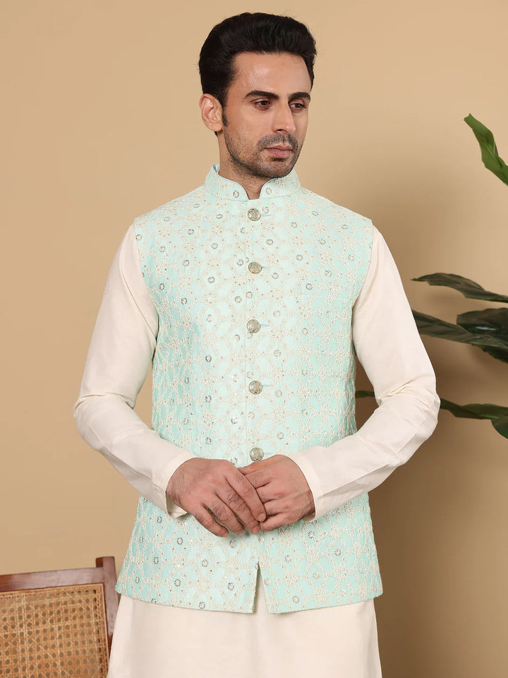 Men's Full Sleeve Ivory Kurta Pyjama & Green Embroidered Nehru Jacket – Green