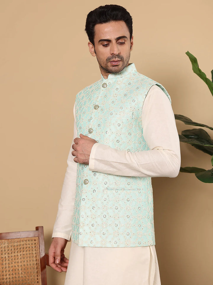 Men's Full Sleeve Ivory Kurta Pyjama & Green Embroidered Nehru Jacket – Green