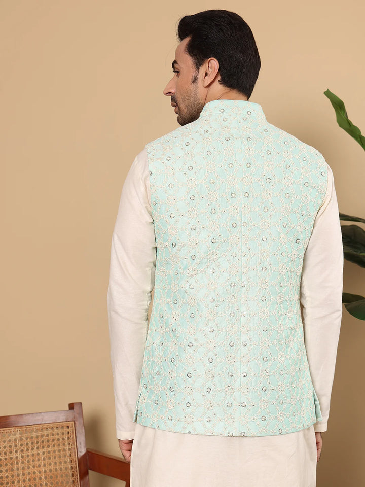 Men's Full Sleeve Ivory Kurta Pyjama & Green Embroidered Nehru Jacket – Green