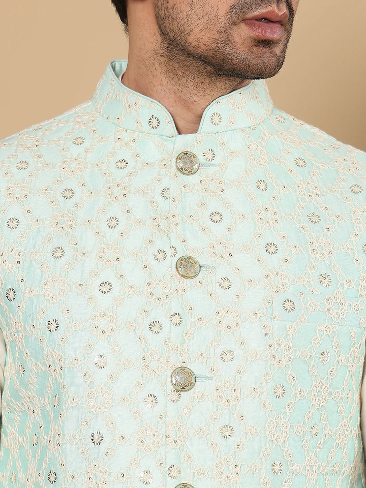 Men's Full Sleeve Ivory Kurta Pyjama & Green Embroidered Nehru Jacket – Green