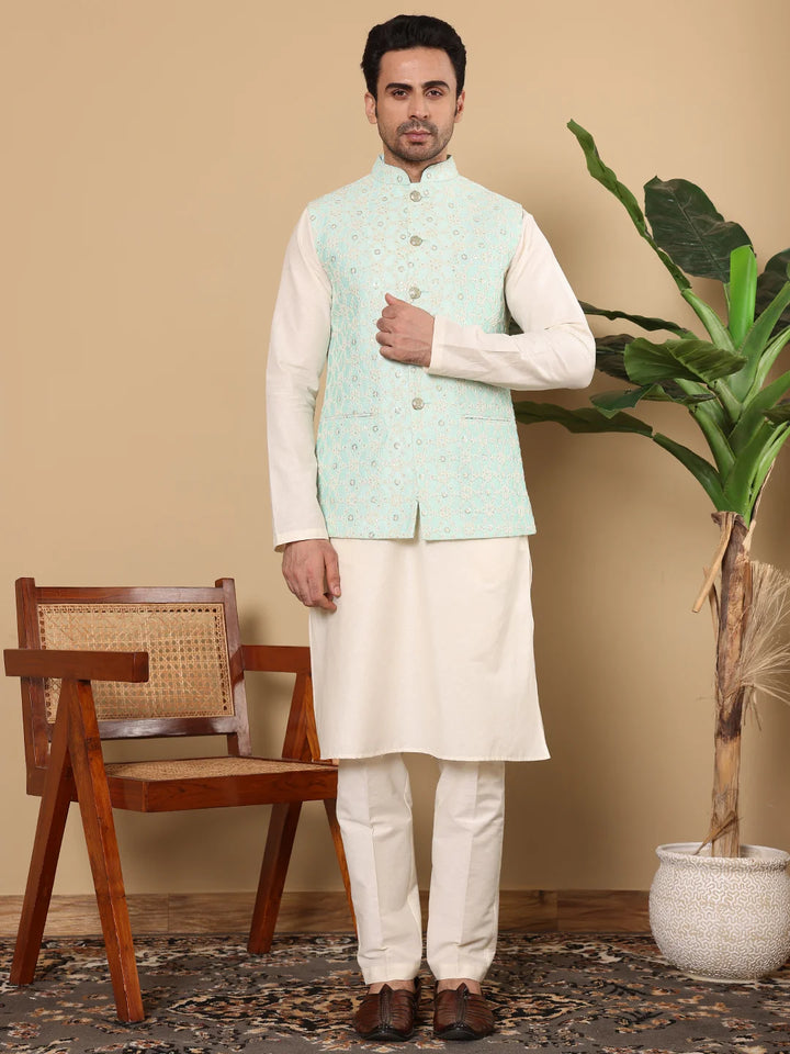 Men's Full Sleeve Ivory Kurta Pyjama & Green Embroidered Nehru Jacket – Green