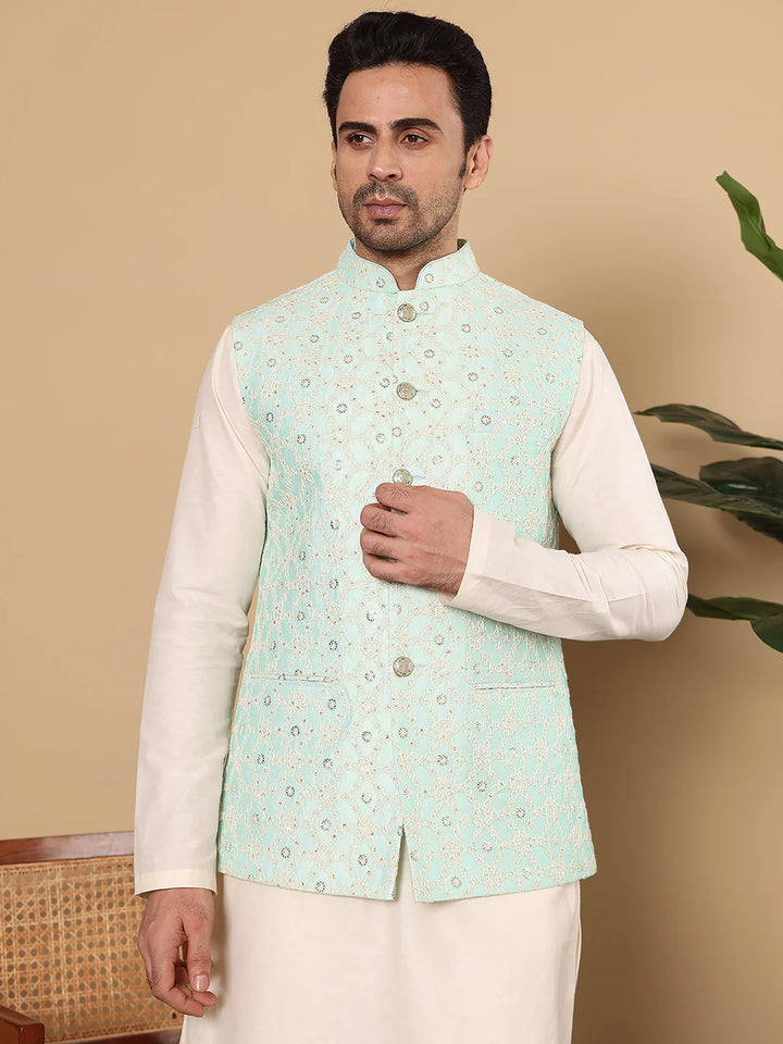 Men's Full Sleeve Ivory Kurta Pyjama & Green Embroidered Nehru Jacket – Green