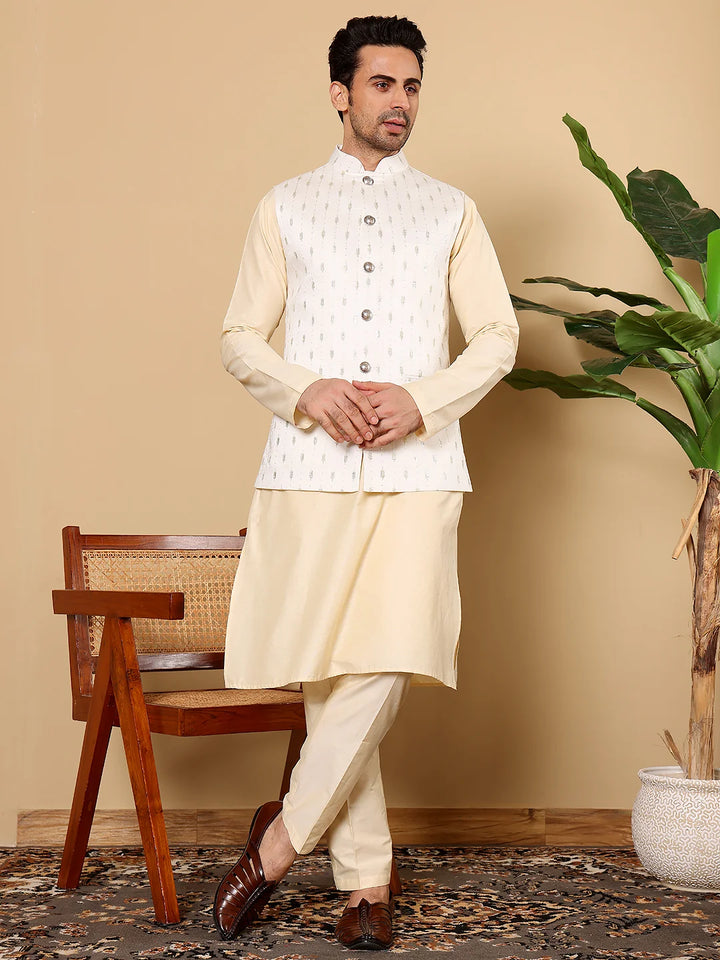 Men's Full Sleeve Cream Kurta Pyjama & White Embroidered Nehru Jacket – White
