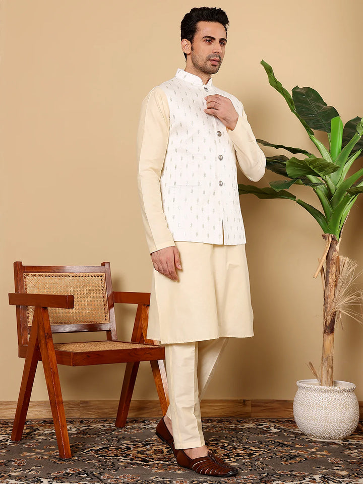 Men's Full Sleeve Cream Kurta Pyjama & White Embroidered Nehru Jacket – White