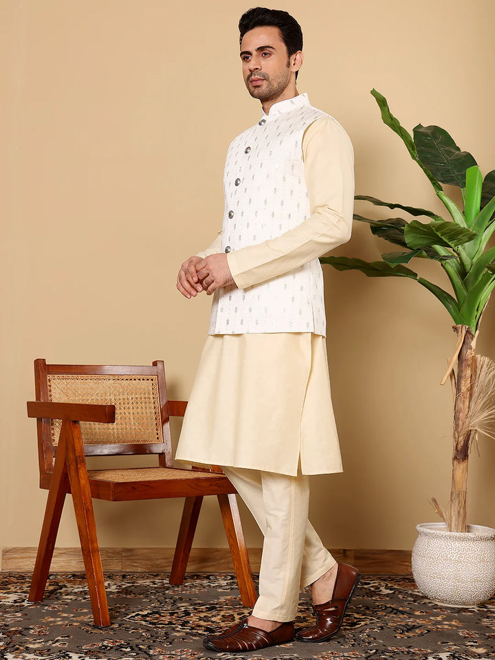Men's Full Sleeve Cream Kurta Pyjama & White Embroidered Nehru Jacket – White