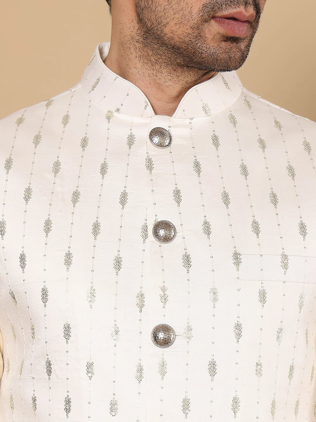 Men's Full Sleeve Cream Kurta Pyjama & White Embroidered Nehru Jacket – White