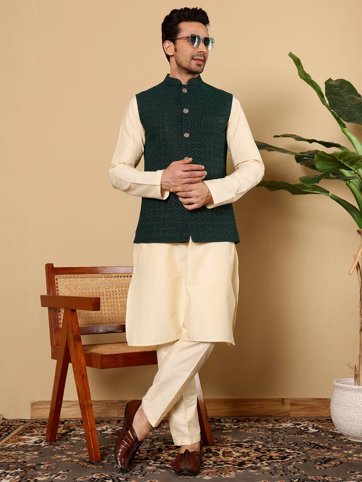 Men's Full Sleeve Cream Kurta Pyjama & Dark Green Embroidered Nehru Jacket – Dark Green