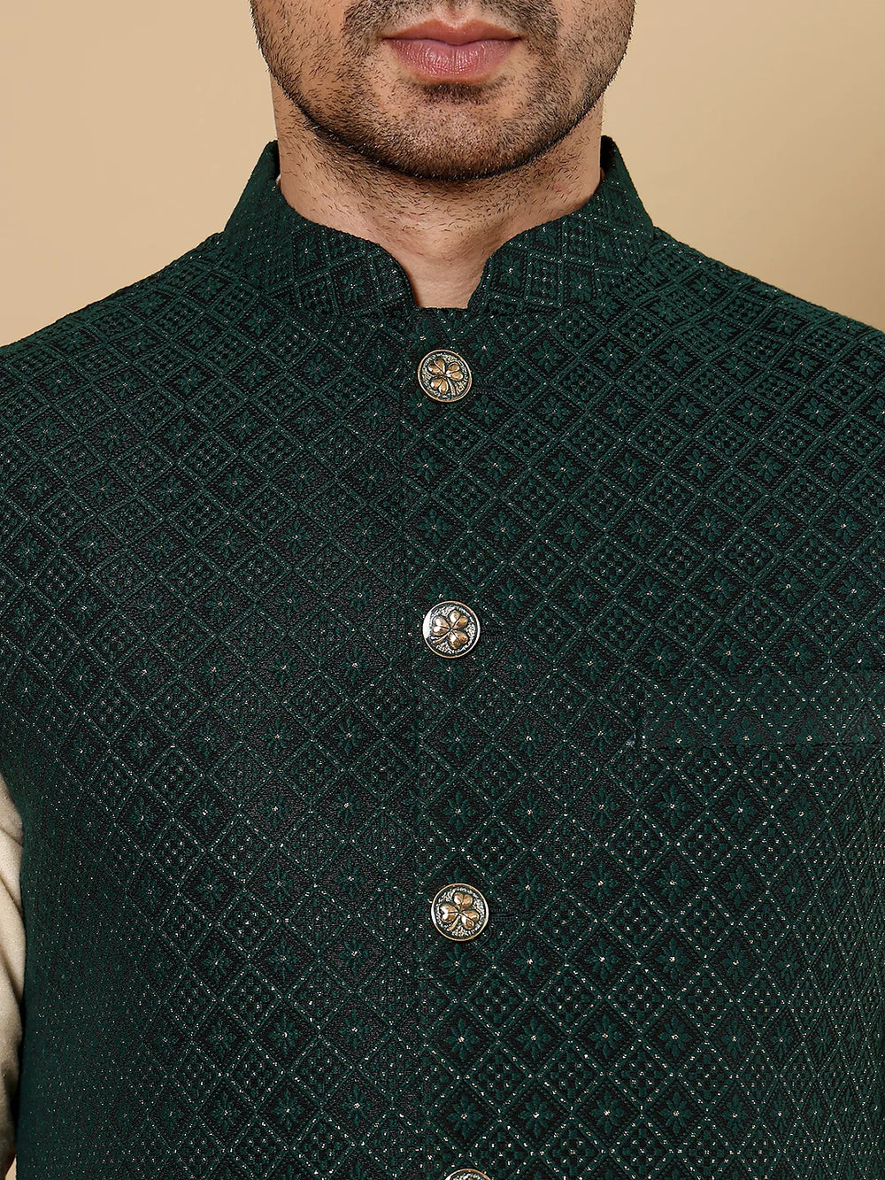 Men's Full Sleeve Cream Kurta Pyjama & Dark Green Embroidered Nehru Jacket – Dark Green