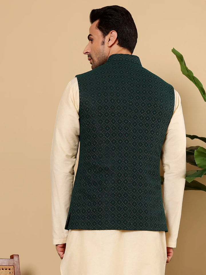 Men's Full Sleeve Cream Kurta Pyjama & Dark Green Embroidered Nehru Jacket – Dark Green