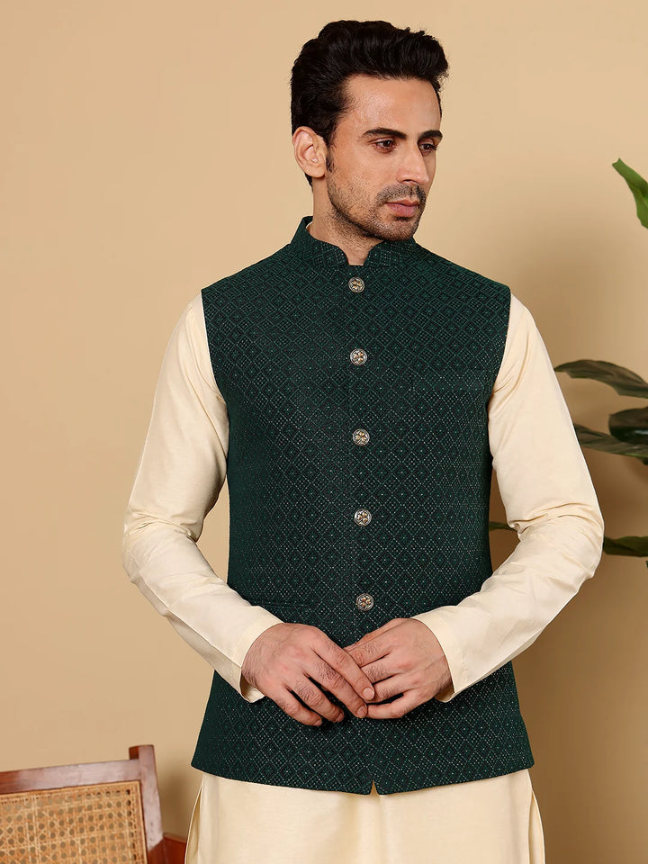 Men's Full Sleeve Cream Kurta Pyjama & Dark Green Embroidered Nehru Jacket – Dark Green