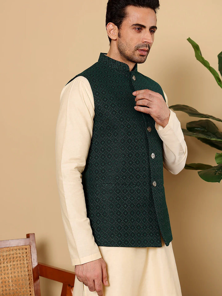 Men's Full Sleeve Cream Kurta Pyjama & Dark Green Embroidered Nehru Jacket – Dark Green