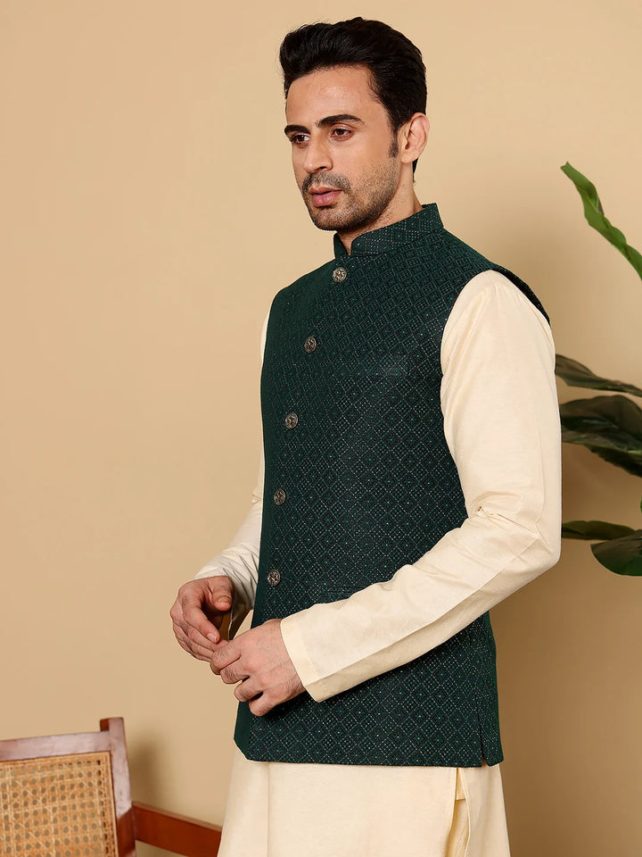 Men's Full Sleeve Cream Kurta Pyjama & Dark Green Embroidered Nehru Jacket – Dark Green