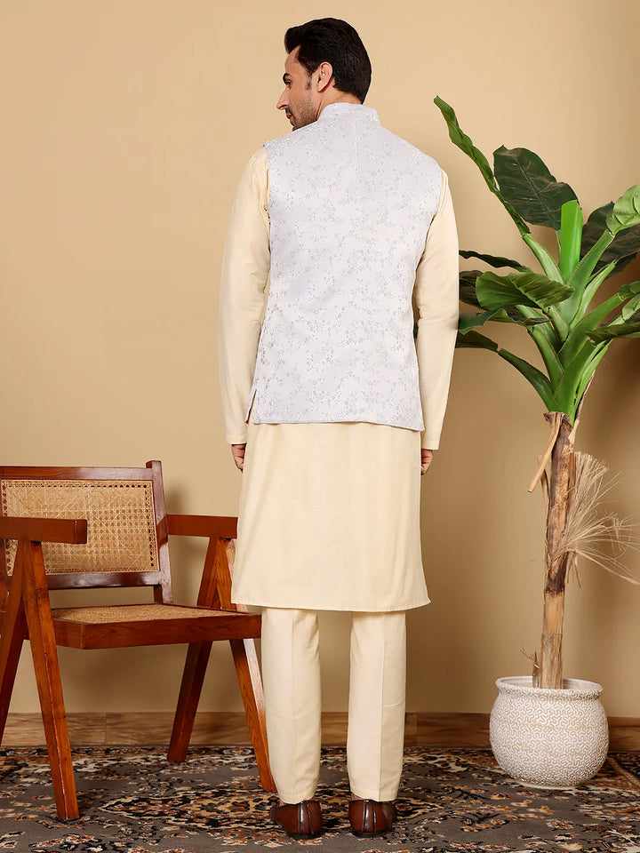 Men's Full Sleeve Cream Kurta Pyjama & Light Blue Embroidered Nehru Jacket – Light Blue