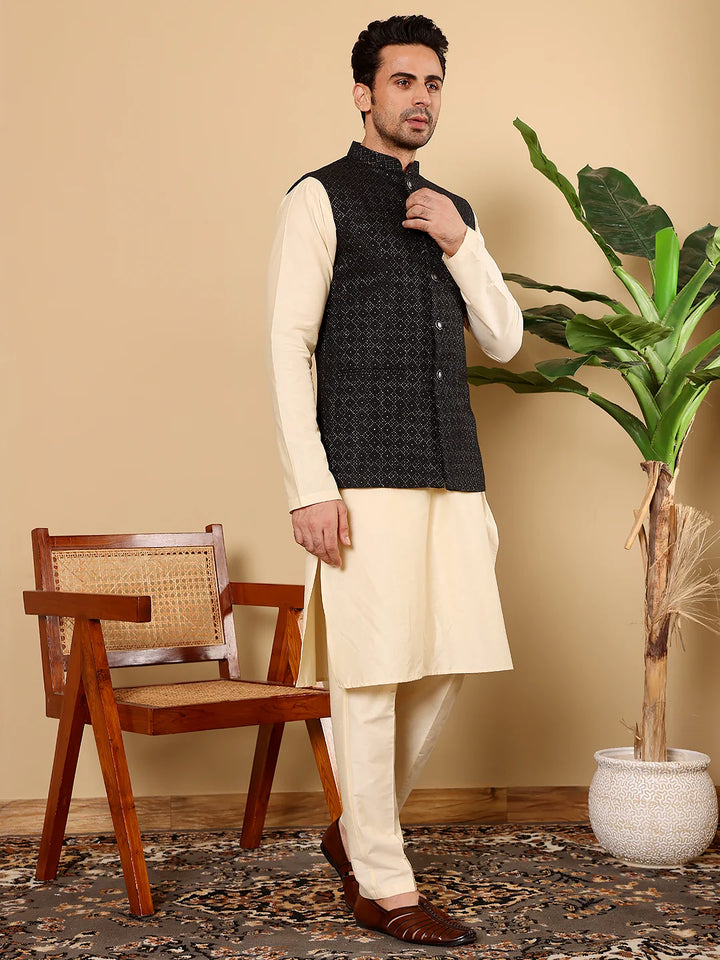 Men's Full Sleeve Cream Kurta Pyjama & Black Embroidered Nehru Jacket – Black
