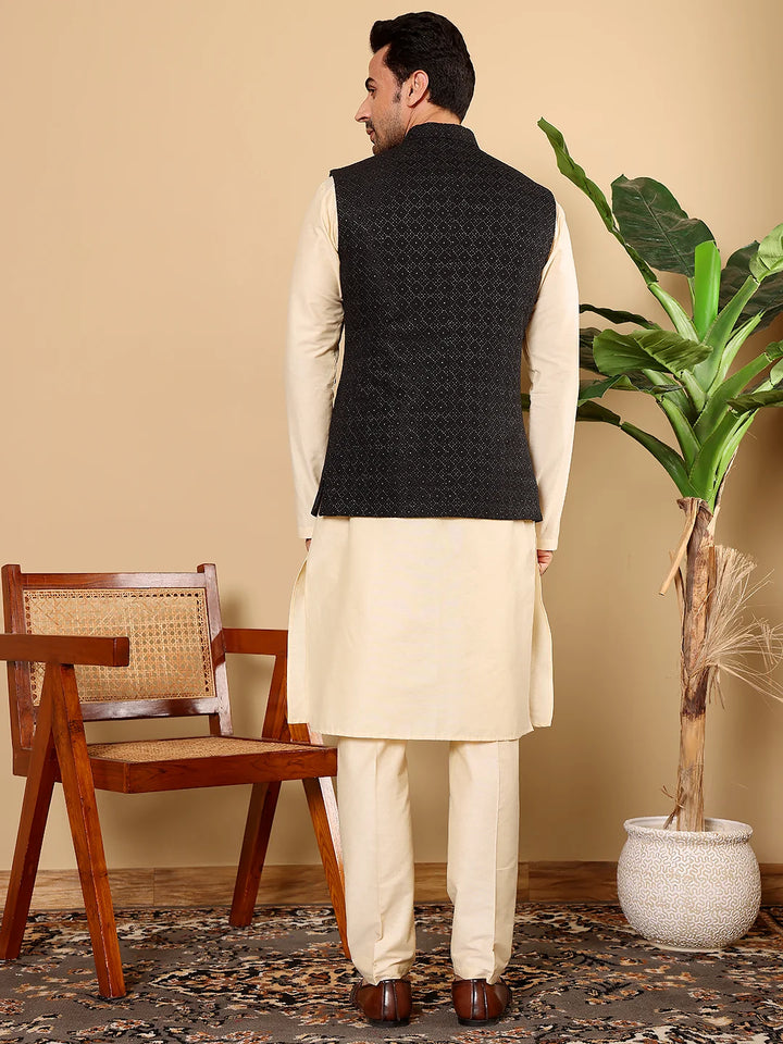 Men's Full Sleeve Cream Kurta Pyjama & Black Embroidered Nehru Jacket – Black