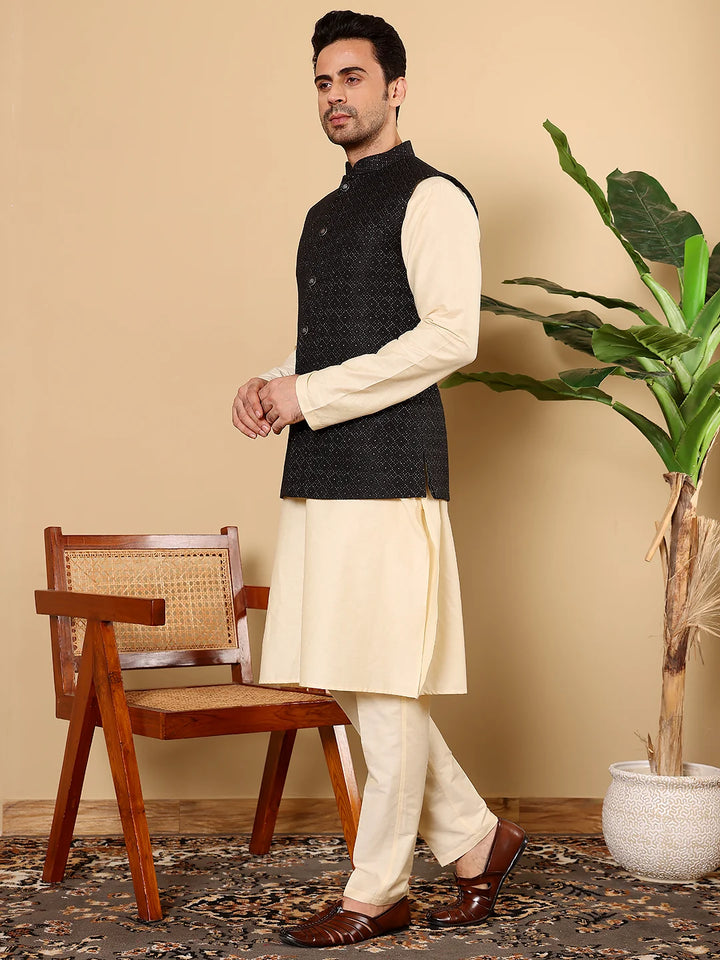 Men's Full Sleeve Cream Kurta Pyjama & Black Embroidered Nehru Jacket – Black