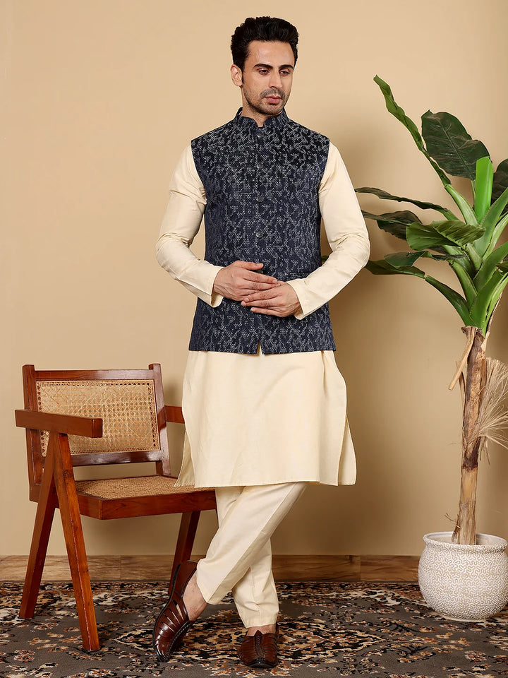 Men's Full Sleeve Cream Kurta Pyjama & Blue Embroidered Nehru Jacket – Blue