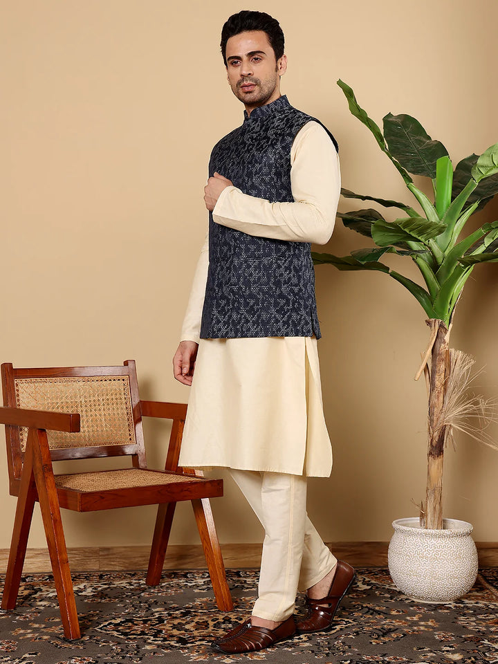 Men's Full Sleeve Cream Kurta Pyjama & Blue Embroidered Nehru Jacket – Blue