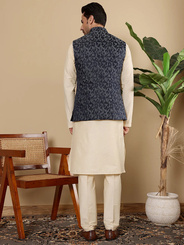 Men's Full Sleeve Cream Kurta Pyjama & Blue Embroidered Nehru Jacket – Blue