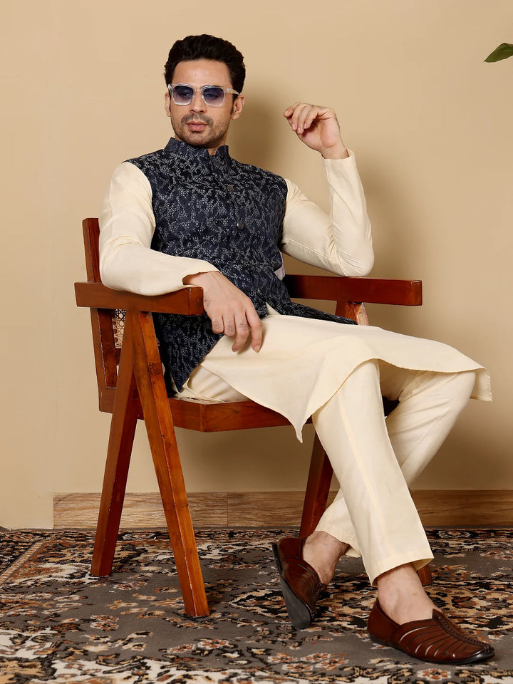 Men's Full Sleeve Cream Kurta Pyjama & Blue Embroidered Nehru Jacket – Blue