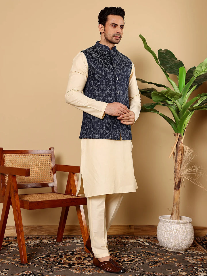 Men's Full Sleeve Cream Kurta Pyjama & Blue Embroidered Nehru Jacket – Blue