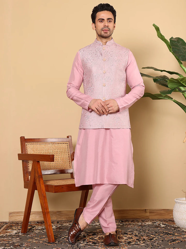 Men's Full Sleeve Pink Kurta Pyjama & Pink Embroidered Nehru Jacket – Pink