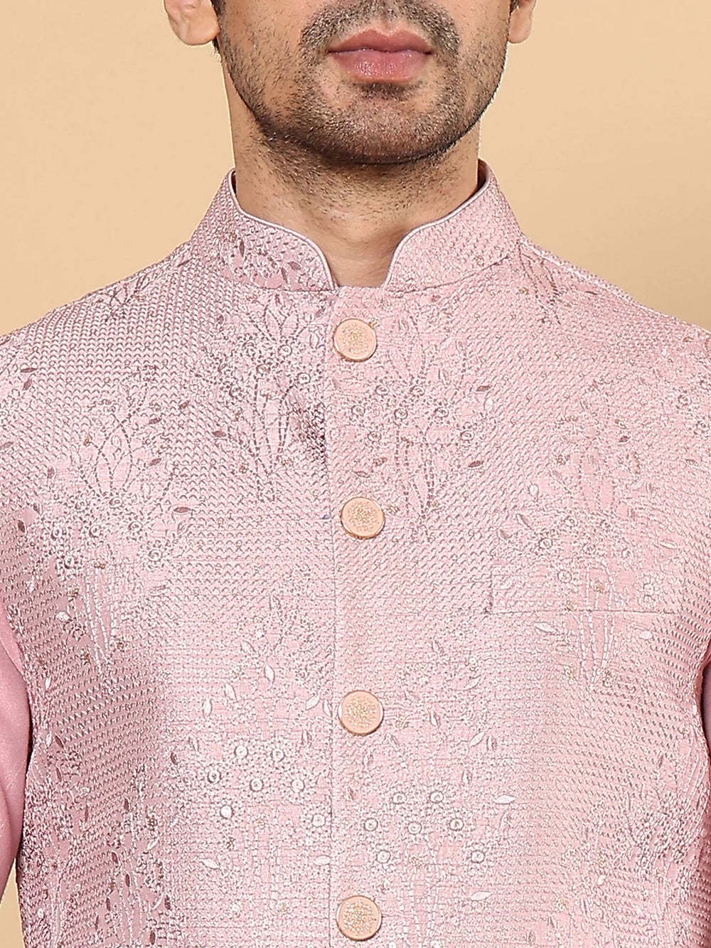 Men's Full Sleeve Pink Kurta Pyjama & Pink Embroidered Nehru Jacket – Pink