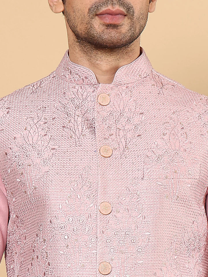 Men's Full Sleeve Pink Kurta Pyjama & Pink Embroidered Nehru Jacket – Pink