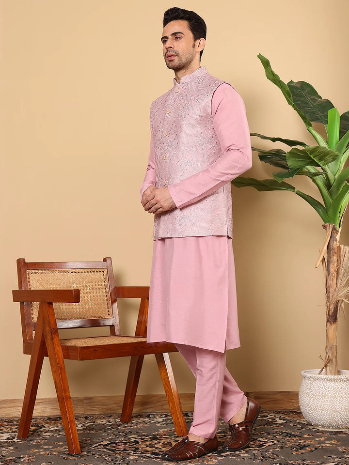 Men's Full Sleeve Pink Kurta Pyjama & Pink Embroidered Nehru Jacket – Pink